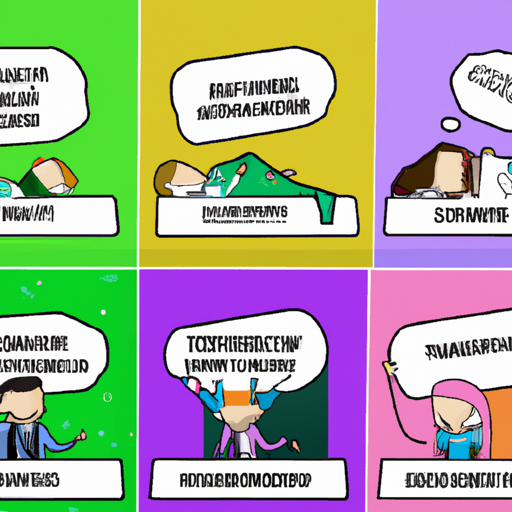 An illustration of five different humorous scenarios in a comic strip style where diverse people use rebound hangover patches in everyday situations, like a wedding, a work presentation, a graduation 