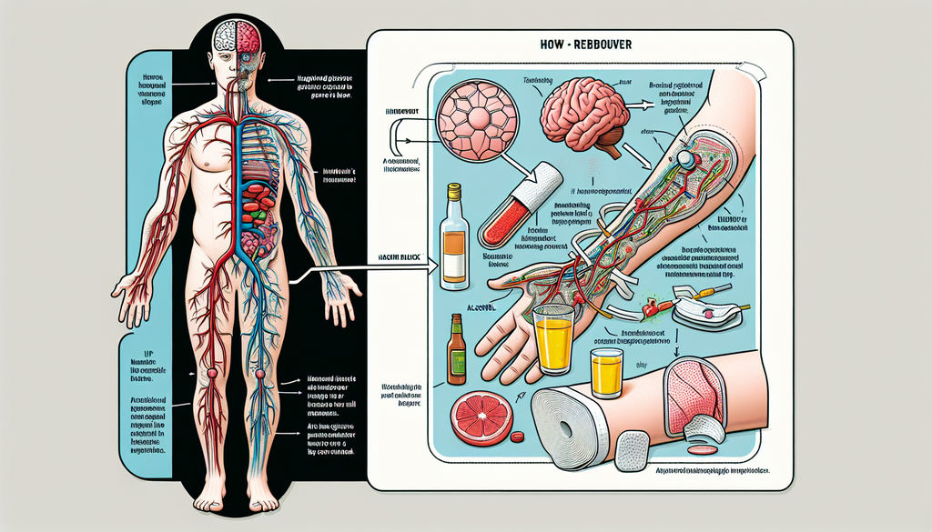 An infographic depicting how rebound hangover patches function. On the left is a human anatomy showing the circulatory and nervous systems, with arrows indicating the route of alcohol through the body