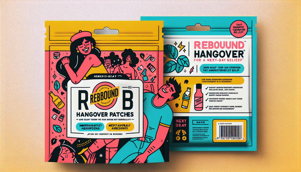 An image showing packaging design for 'Rebound Hangover Patches' with text conveying its benefits for next-day relief. The product is illustrated as patches in a bright bag with a bold, embossed logo.
