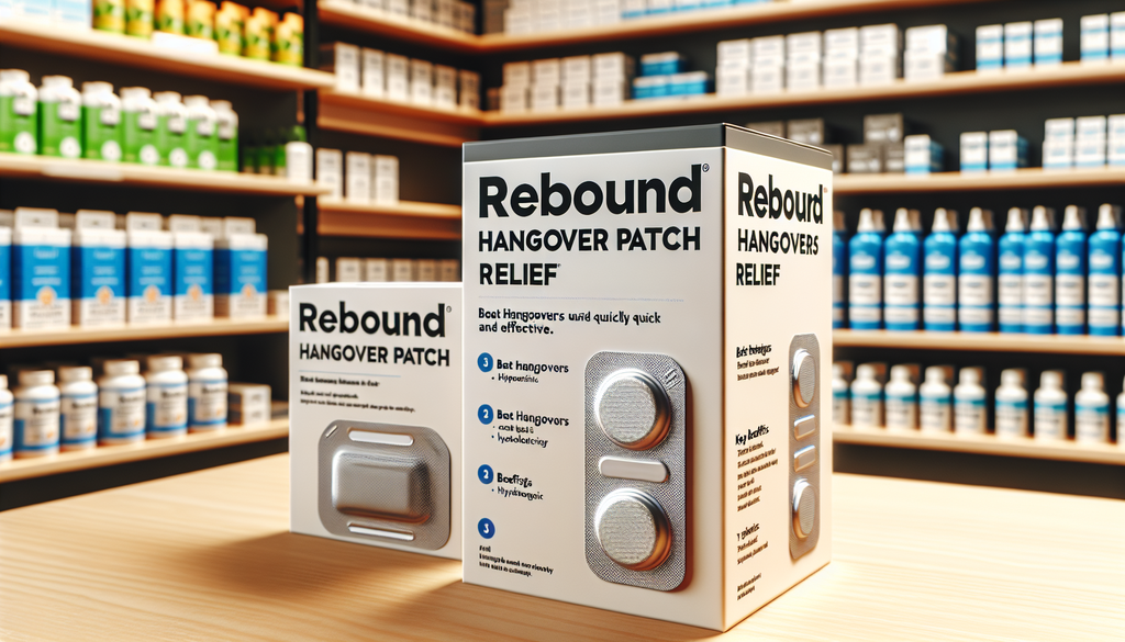 An image showcasing a product labeled 'Rebound Hangover Patch Relief'. It is designed to target hangovers quickly and effectively. The product possibly has a sleek, clean design with a focus on the he