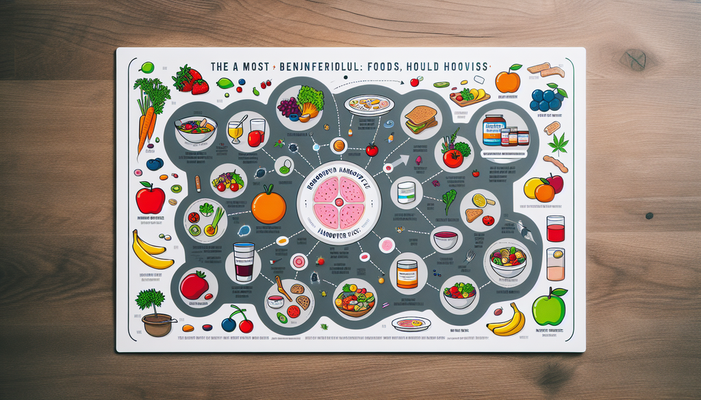 An educational diagram showcasing the most beneficial foods that could be paired with rebound hangover patches for optimal recovery. The image should illustrate a smorgasbord of healthy foods such as 