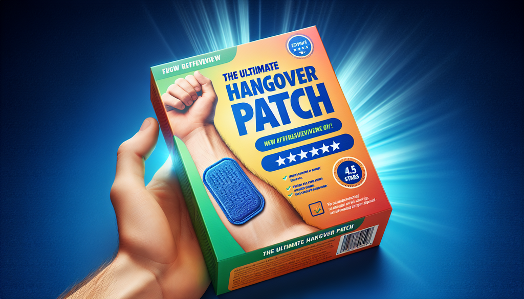 An image of a product named 'The Ultimate Hangover Patch'. The product box has a bold title text on the front. The box is styled in vibrant colors suggesting energy and refreshivity. A review rating i