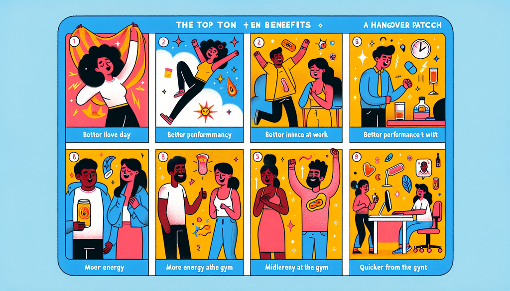 Illustrated list of the top ten benefits of using a hangover patch. 1st image shows a vibrant day with a happy, energetic individual, almost floating on a cloud expressing the first benefit. Each subs