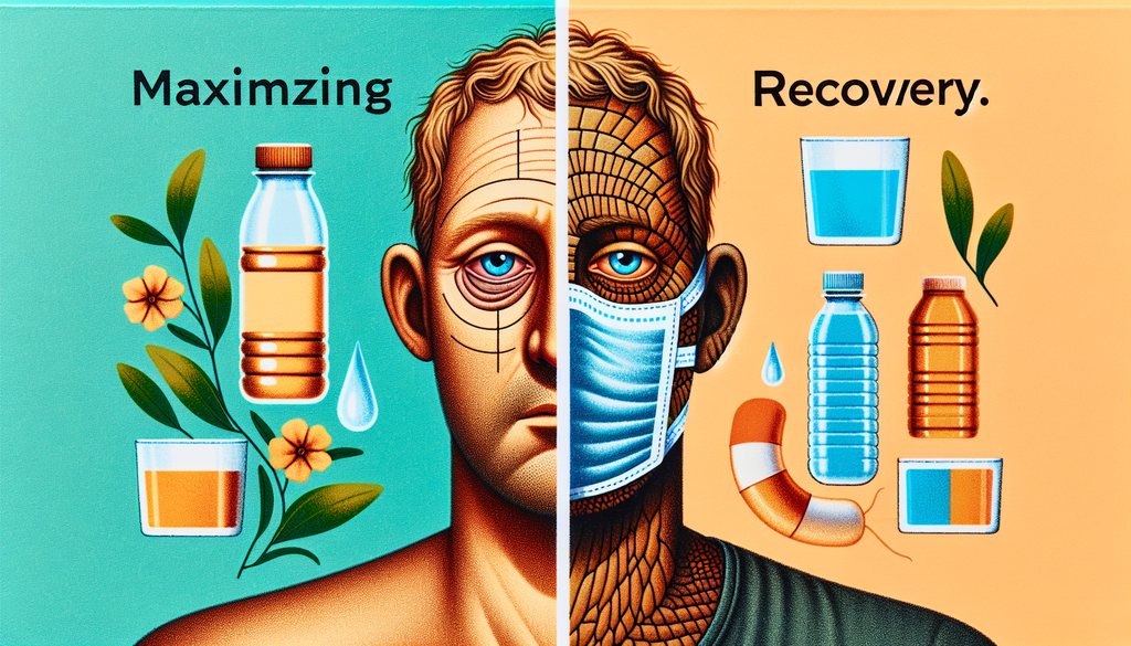 An image depicting a symbolic representation of maximizing recovery. In this illustration, there's a contrast between a dehydrated and a nourished body. The left half of the picture shows a body with 