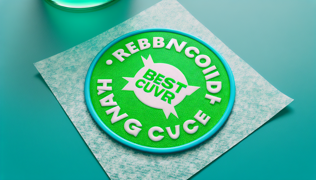 Imagine the concept of an effective hangover cure: a patch with the label 'Rebound Hangover Patch'. This patch showcases a neon green and white color theme. On the front of the patch, visualize the bo
