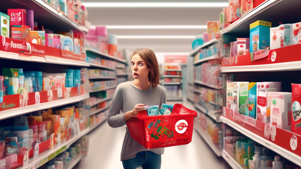 A realistic digital artwork of a puzzled young adult standing in a Target store aisle, scrutinizing a package of hangover patches with a mix of curiosity and skepticism, surrounded by various health p