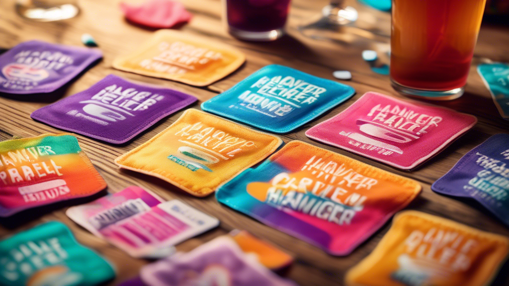 A close-up image of a variety of colorful hangover relief patches laid out on a wooden table, with a soft-focused background showing a group of people enjoying a lively party.