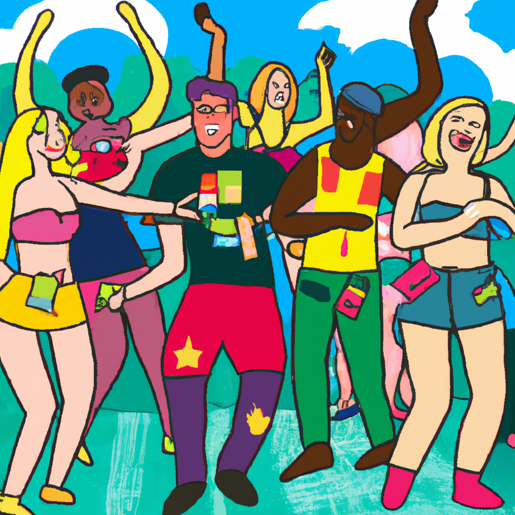 Digital illustration of a cheerful, diverse group of young adults enjoying a vibrant night out in the city, with each person wearing a small, discreet hangover patch, showcasing a futuristic, sleek de