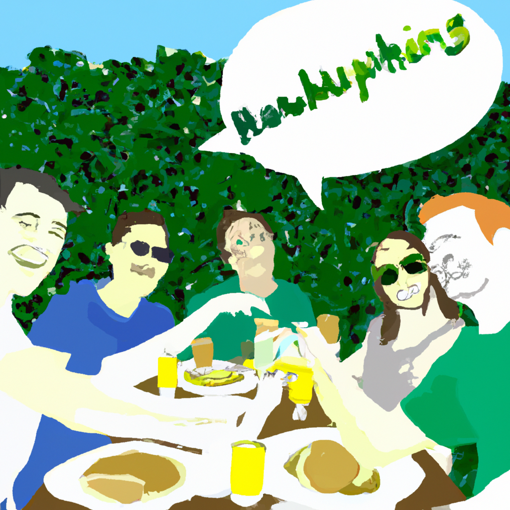 An illustrated scene of a cheerful group of young adults enjoying a brunch in a sunny outdoor setting, with each person wearing a small, discrete 'Rebound Hangover Patch' on their arms, surrounded by 