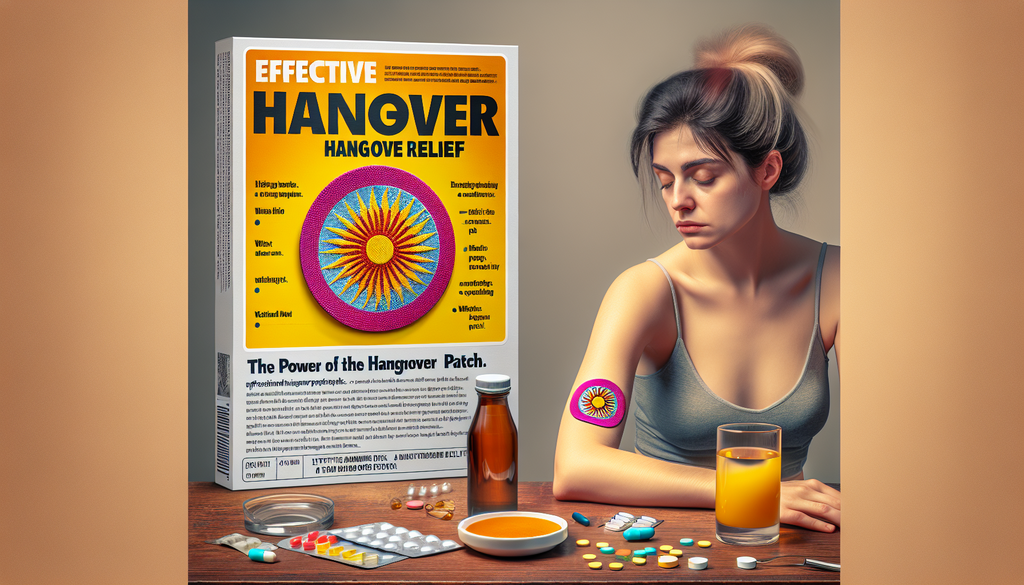 An image of a brightly-colored hangover relief patch being applied to the arm of a Caucasian woman looking tired, with a glass of water and pills lying on a table nearby. The patch itself is circular,