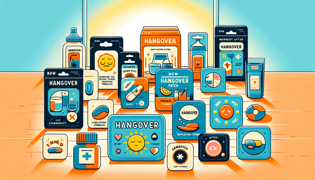 An illustrated collection of hangover patch products neatly arranged in the setting of the morning after a fun night. Show these patches in various shapes and colors with the implied effects of mitiga