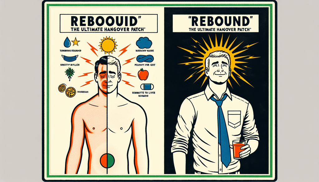 An illustration showing a symbolic comparison between the negative effects of a hangover and the positive effects of using a 'Rebound' patch. The image can be divided into two halves. On the left half