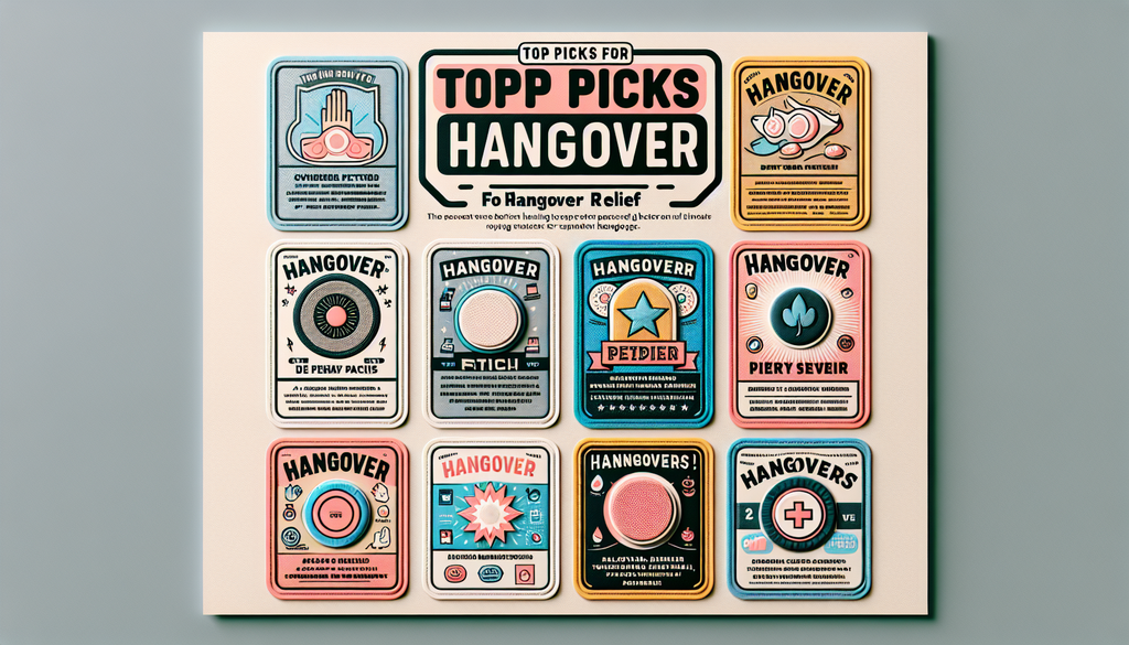A visual representation of a list titled 'Top Picks for Hangover Relief', showcasing various patches that are best for hangover relief. The patches are diverse and displayed in a visually appealing wa