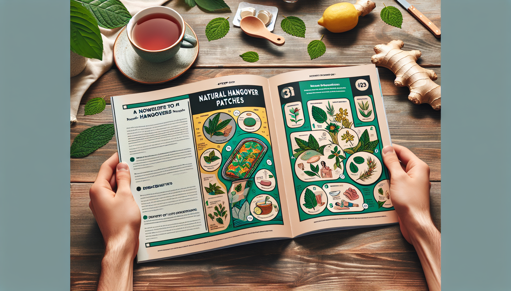 A comprehensive guide on natural hangover patches laying open on a wooden table. The cover page depicts a brightly colored patch with leaves and herbs incorporated into its design, illustrating the na
