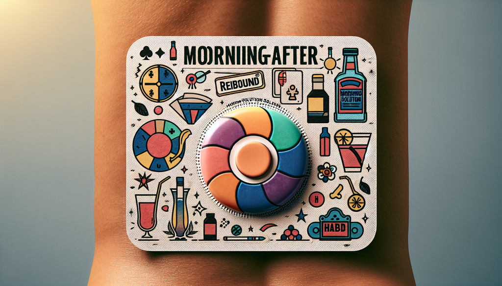 A visual representation of a morning-after solution patch called 'Rebound'. The patch is designed to aid in overcoming hangovers. It could be round and sport vibrant colors, representing vitality and 