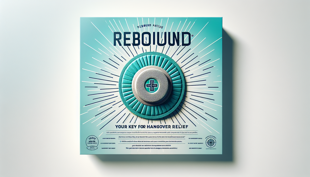 A visual design of a product named 'Rebound Patches', presented as a remedy for hangover relief. The patch is circular, small, and adhesive, designed in soothing colors of blue and green. The brand lo
