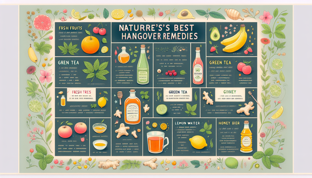 An illustrative poster depicting nature's best hangover remedies. The poster is divided into sections, each displaying a different natural remedy and its benefits. Remedies include things like fresh f