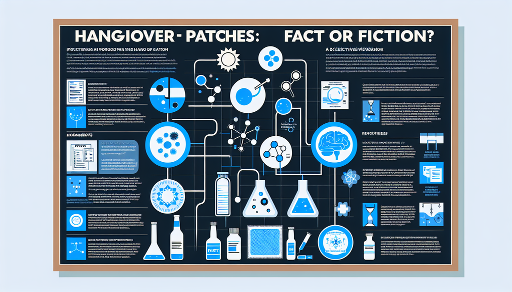 An image demonstrating an informational graphic on the topic, 'Hangover Patches: Fact or Fiction?' with illustrations of various hangover patches, their proposed mechanism of action, and a breakdown o