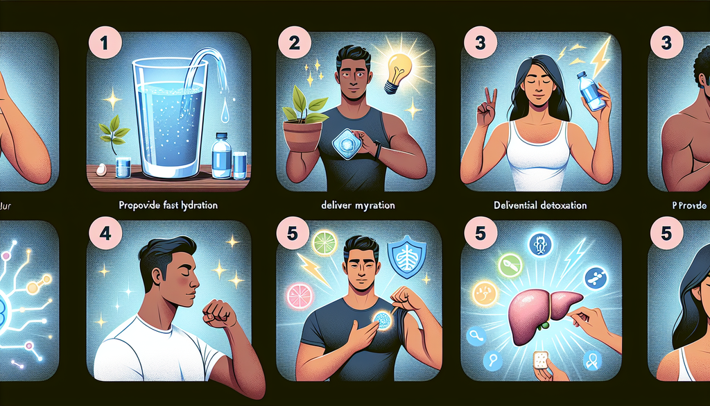 An image illustrating the five key benefits of using hangover patches. One, they provide fast hydration. Depict a patch being applied to a Hispanic male's arm next to a glowing glass of water. Two, th