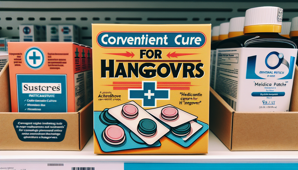 An illustration of a box labeled 'Convenient Cure for Hangovers,' containing a selection of adhesive medical patches. These patches are believed to have medicinal properties that help alleviate the sy