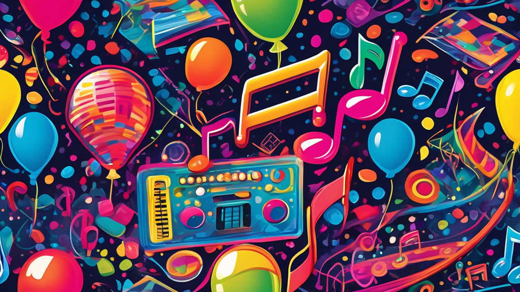 A vibrant illustration of a colorful party patch, filled with embroidered motifs of music notes, balloons, and streamers, all coming to life under a dazzling disco ball.
