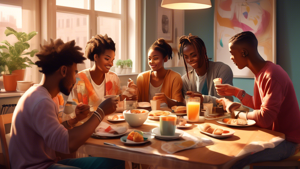 Digital artwork of a diverse group of young adults having breakfast around a table, with some applying recovery patches on their arms, in a cozy, sunlit urban apartment.