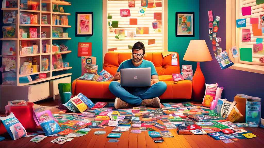 Digital artwork of a puzzled consumer reading online reviews on a laptop, surrounded by different packages of hangover patches, each with vibrant, eye-catching designs, in a cozy, modern living room.