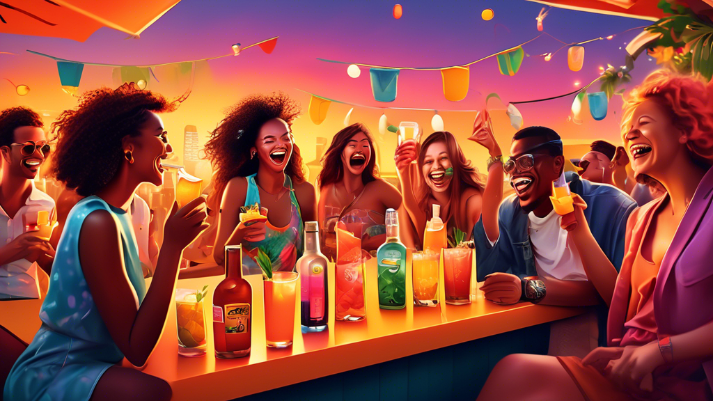 An illustrated scene of a lively party at a rooftop bar at sunset, with people laughing and enjoying colorful cocktails, while one person applies a hangover patch on their arm, surrounded by icons of 