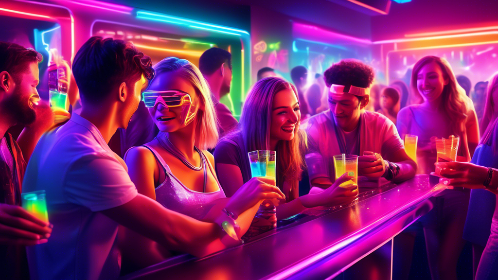 Digital artwork of a futuristic hangover relief patch being applied on a young person's arm at a lively, futuristic party, with guests looking relieved and enjoying colorful drinks, all inside a sleek