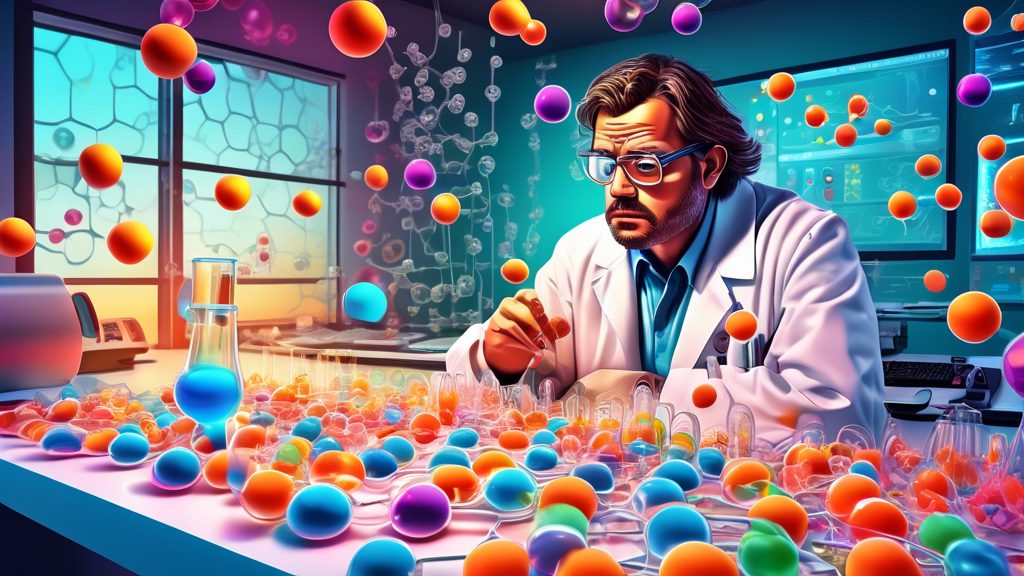 Digital illustration of a scientist examining a large, colorful hangover patch in a high-tech laboratory, with molecular structures and hangover symptoms depicted in thought bubbles around the scienti