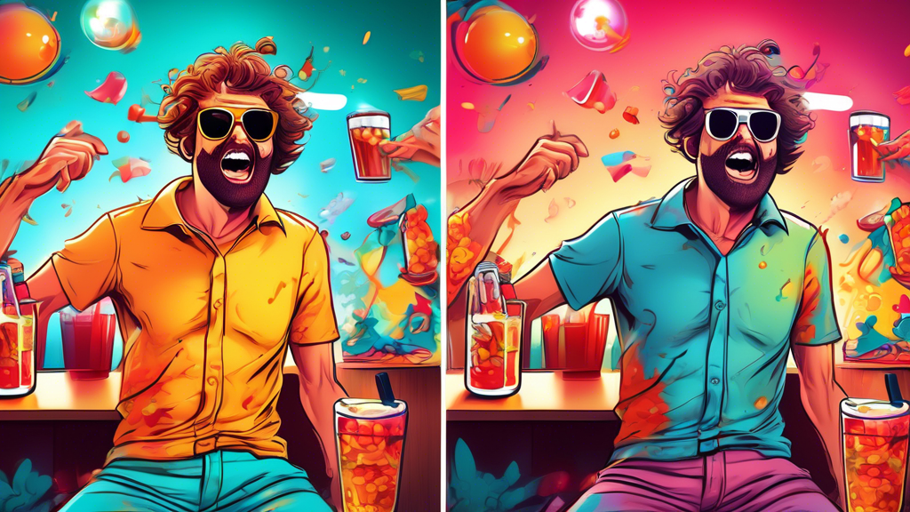 An illustrated comparison of a person with a hangover with and without using the Akalo hangover patch, set in a lively party scene, demonstrating before and after effects in a vibrant, comic style.