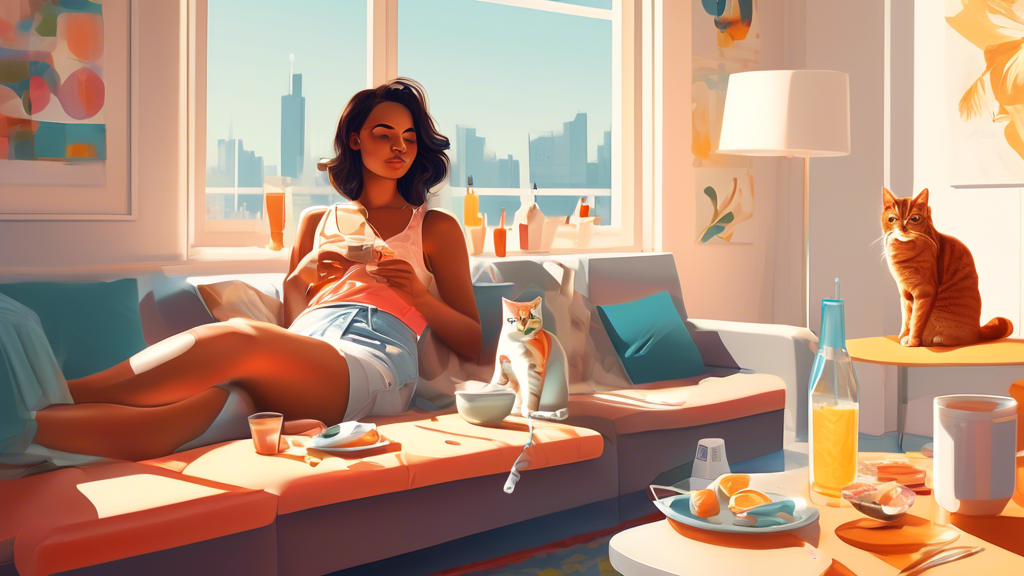 An illustrated scene showing a young woman using an IV patch for hangover relief in her modern, sunlit living room, with a glass of water and healthy breakfast on the table beside her, and a friendly 